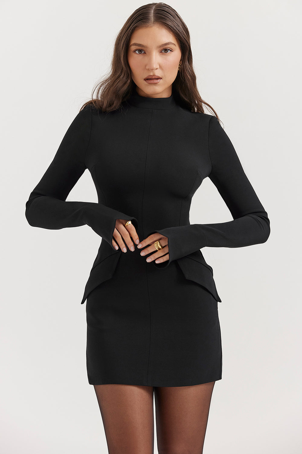 Tova long sleeve mini dress with mock neck, flared cuffs and hip flap details - view 6