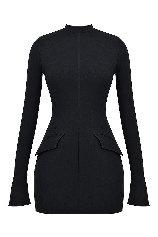 Tova long sleeve mini dress with mock neck, flared cuffs and hip flap details - view 7