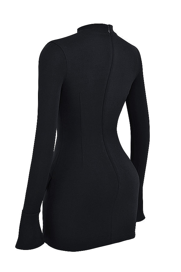 Tova long sleeve mini dress with mock neck, flared cuffs and hip flap details - view 9