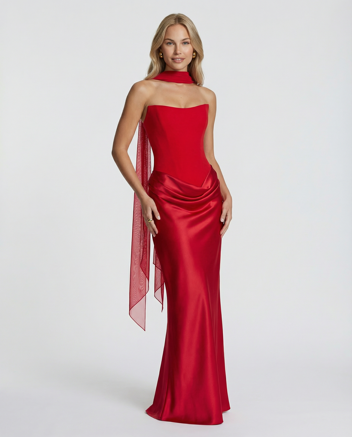 Black strapless maxi dress with corset bodice, draped satin skirt and sheer scarf - view 10