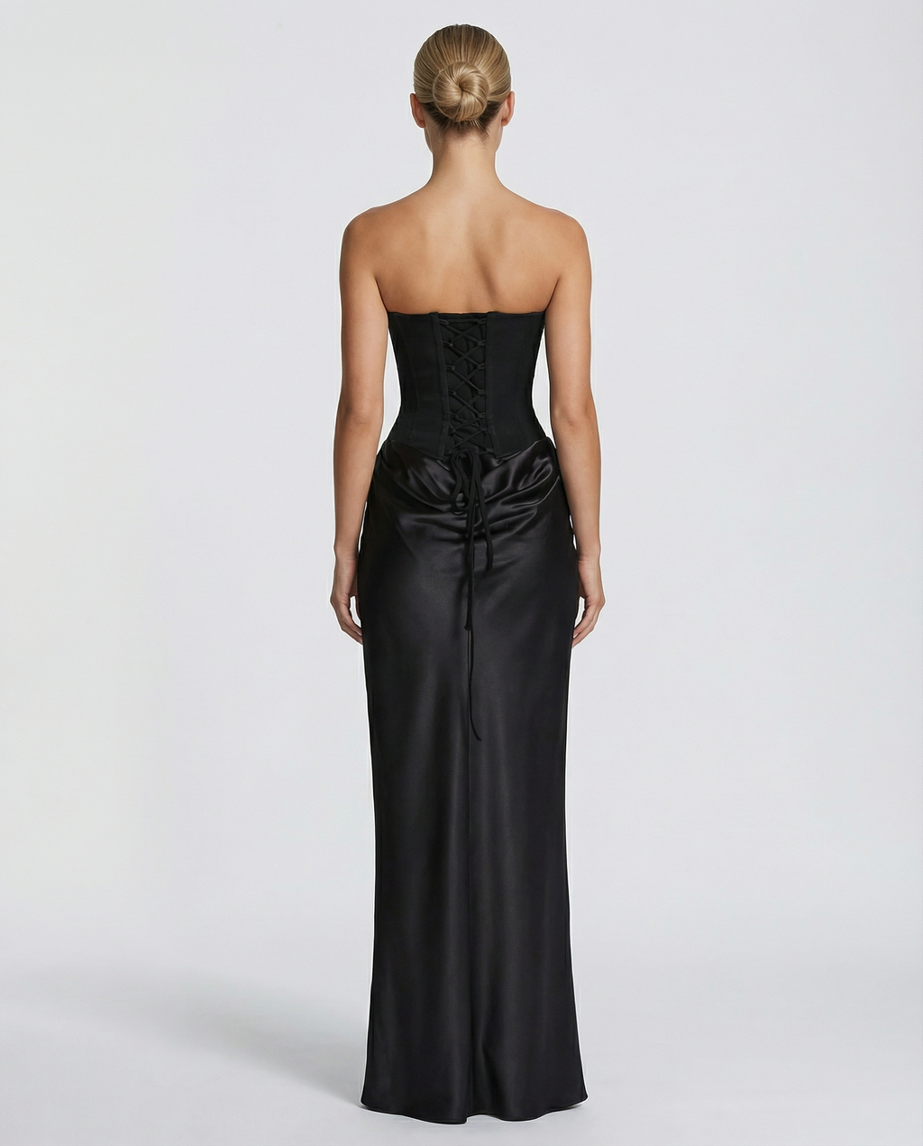 Black strapless maxi dress with corset bodice, draped satin skirt and sheer scarf - view 2