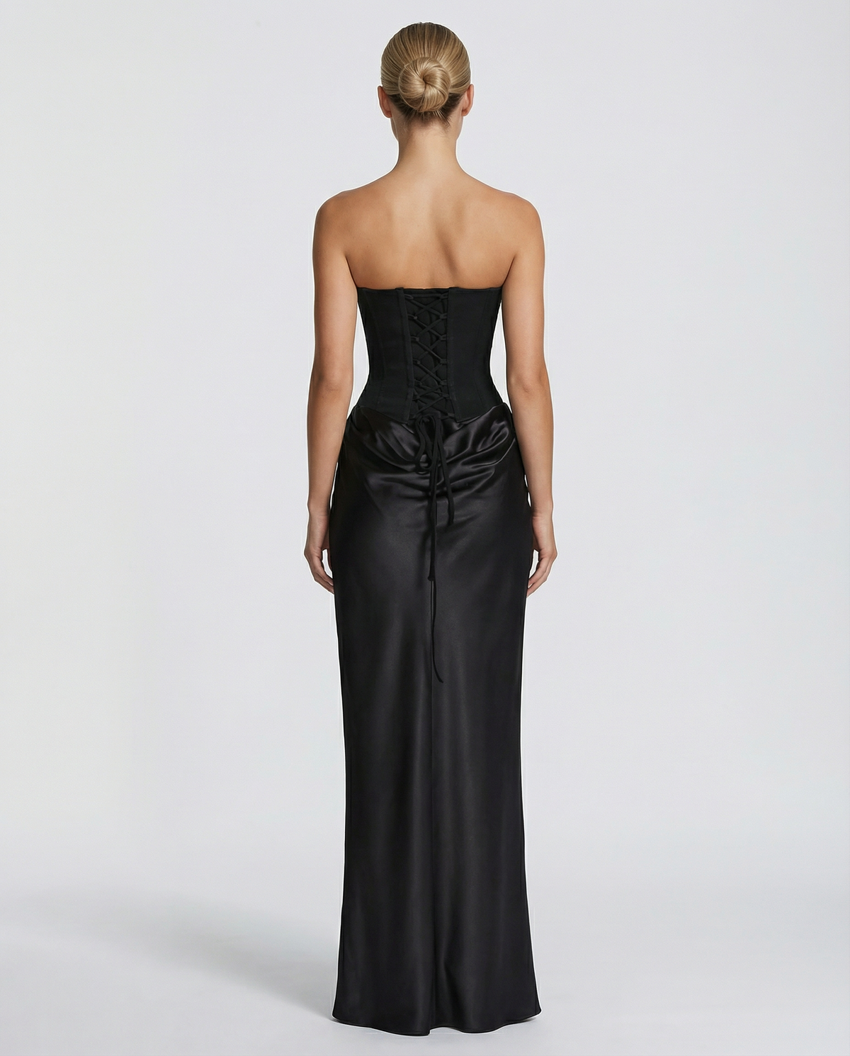 Black strapless maxi dress with corset bodice, draped satin skirt and sheer scarf - view 2
