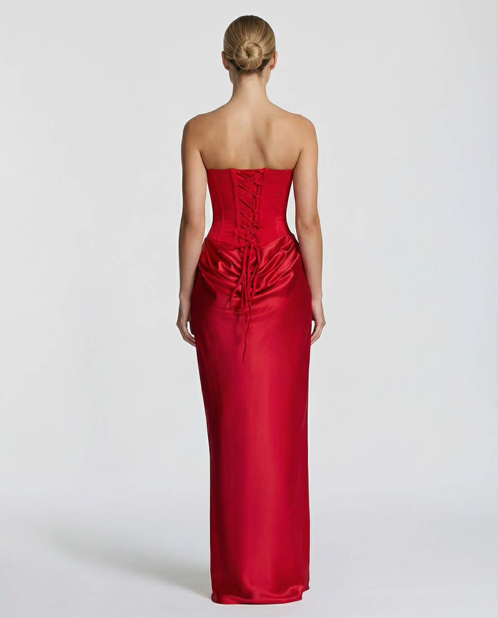 Black strapless maxi dress with corset bodice, draped satin skirt and sheer scarf - view 9