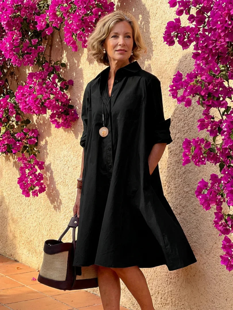 Evelyn oversized collared button-front shirt dress — front view