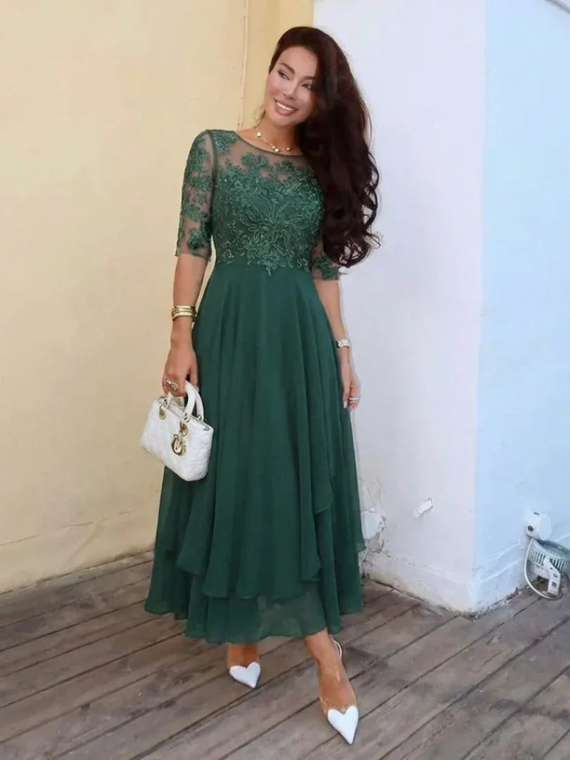Vivian corded lace bodice three-quarter sleeve maxi dress — front view