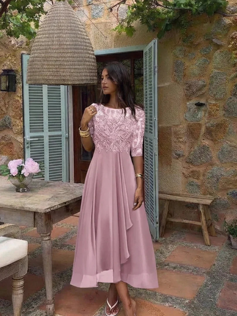 Vivian corded lace bodice three-quarter sleeve maxi dress — full-length view