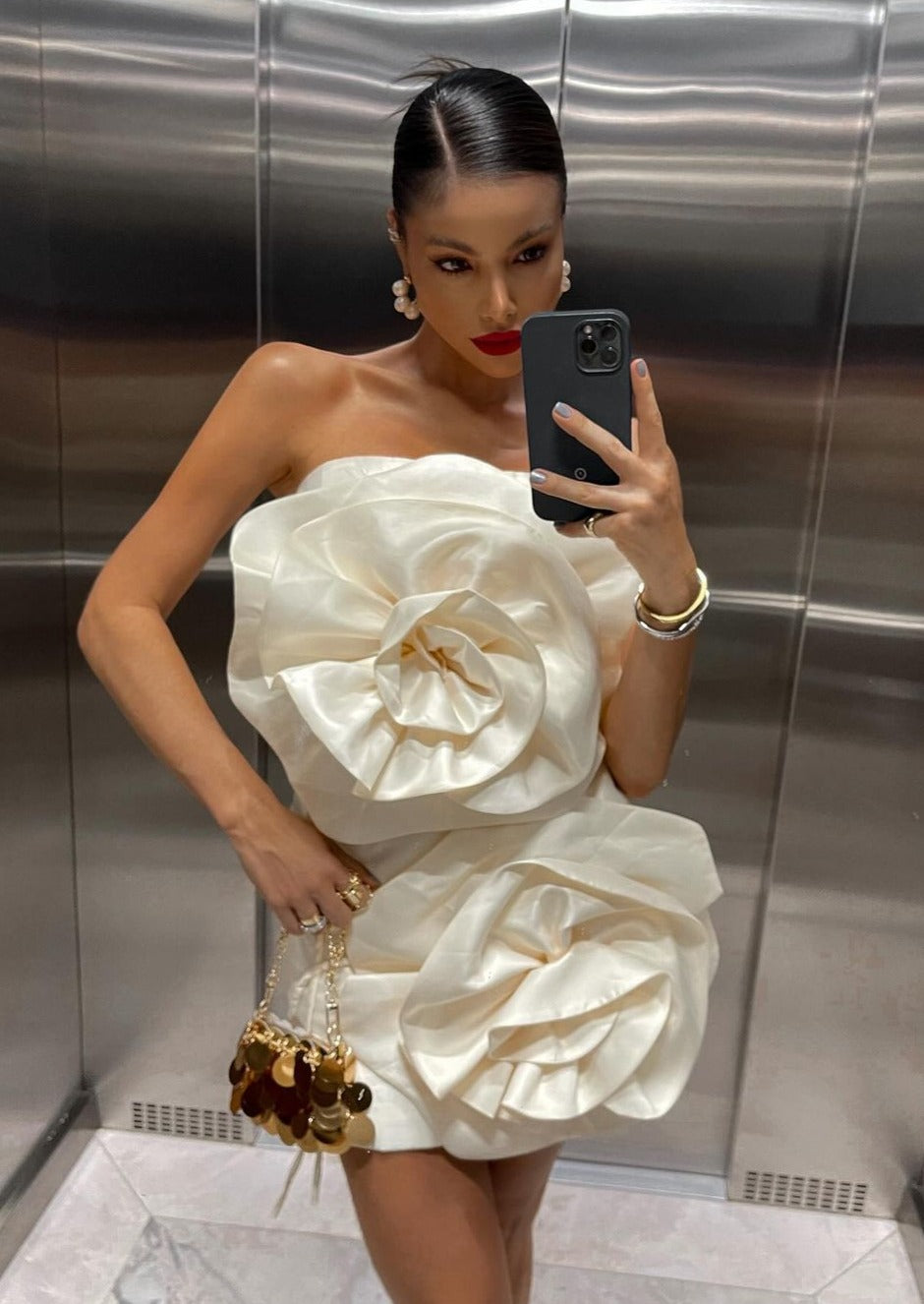 Ivory strapless satin mini dress with two oversized 3D rosettes