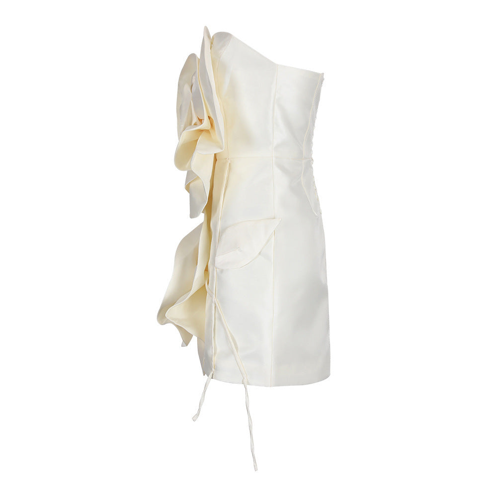 Ivory strapless satin mini dress with two oversized 3D rosettes - view 11