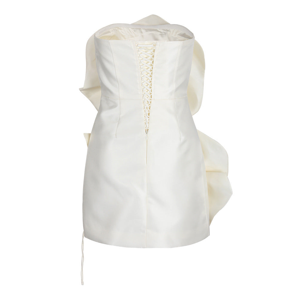 Ivory strapless satin mini dress with two oversized 3D rosettes - view 12