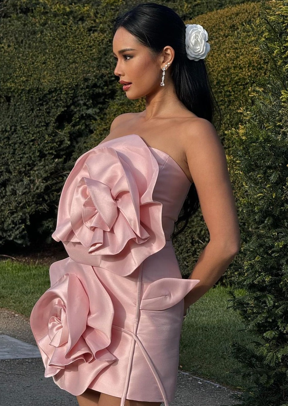 Ivory strapless satin mini dress with two oversized 3D rosettes - view 16