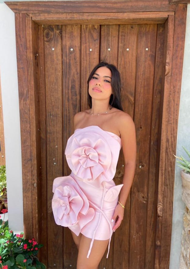 Ivory strapless satin mini dress with two oversized 3D rosettes - view 17