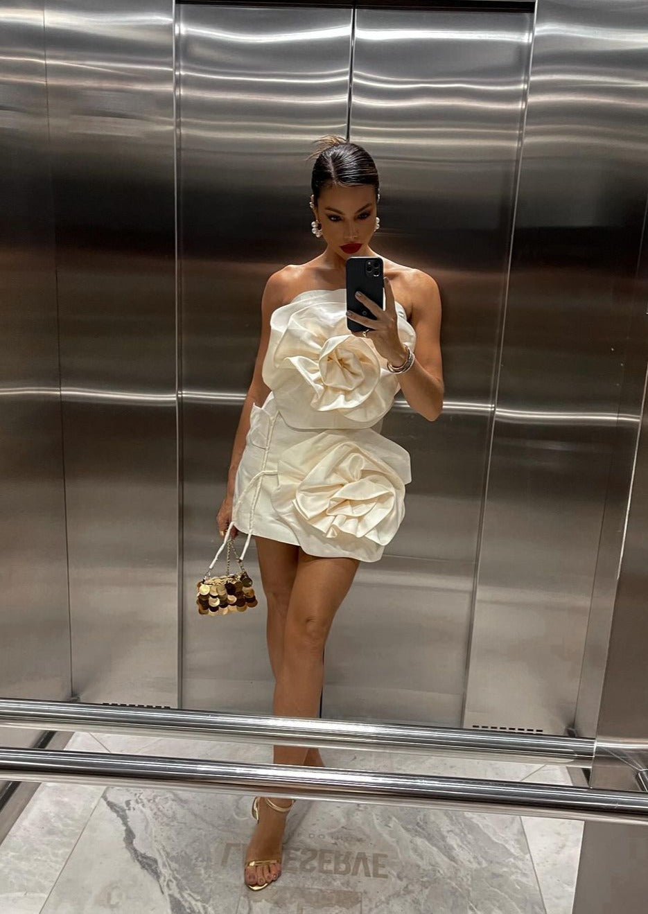 Ivory strapless satin mini dress with two oversized 3D rosettes - view 2