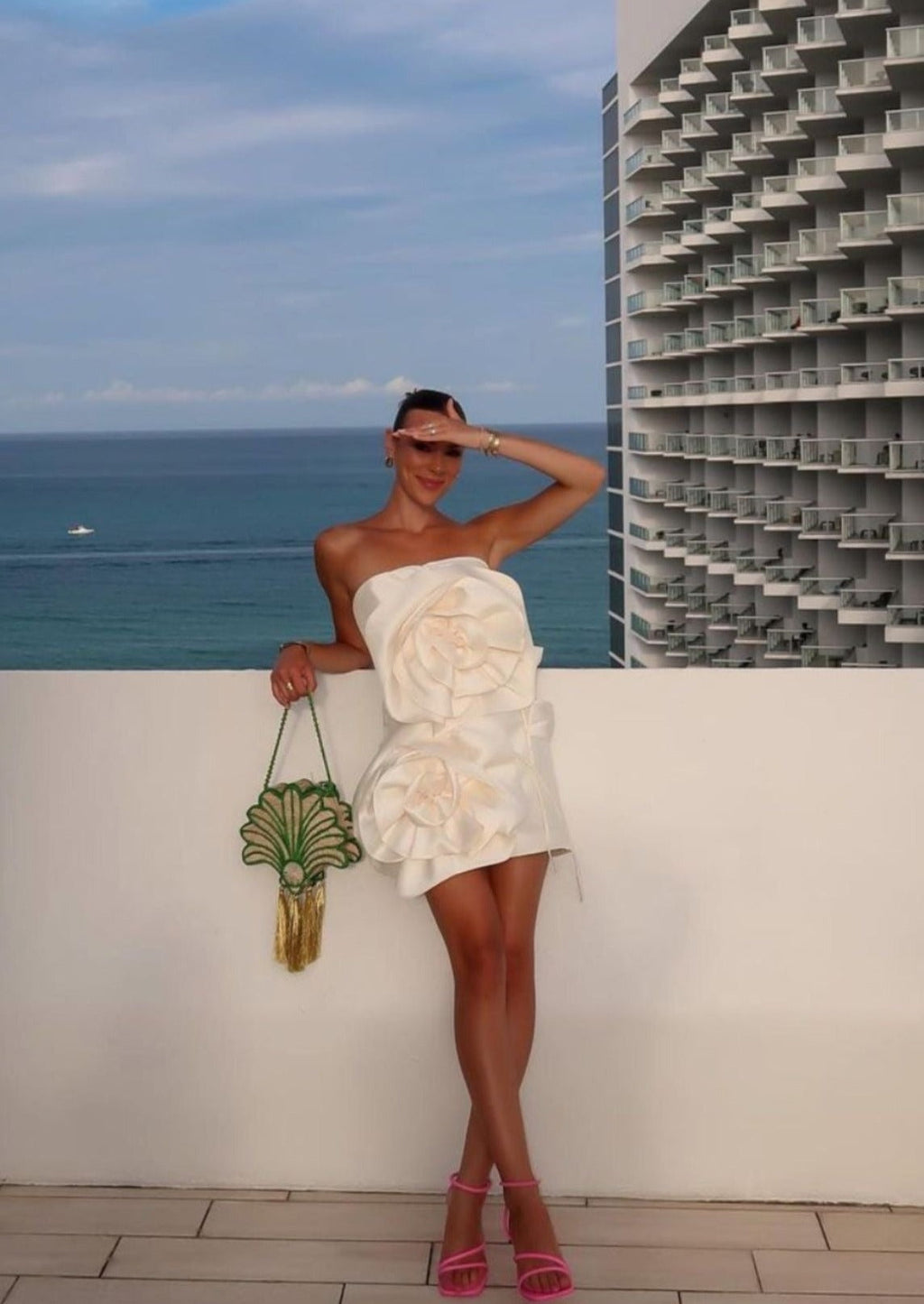 Ivory strapless satin mini dress with two oversized 3D rosettes - view 3