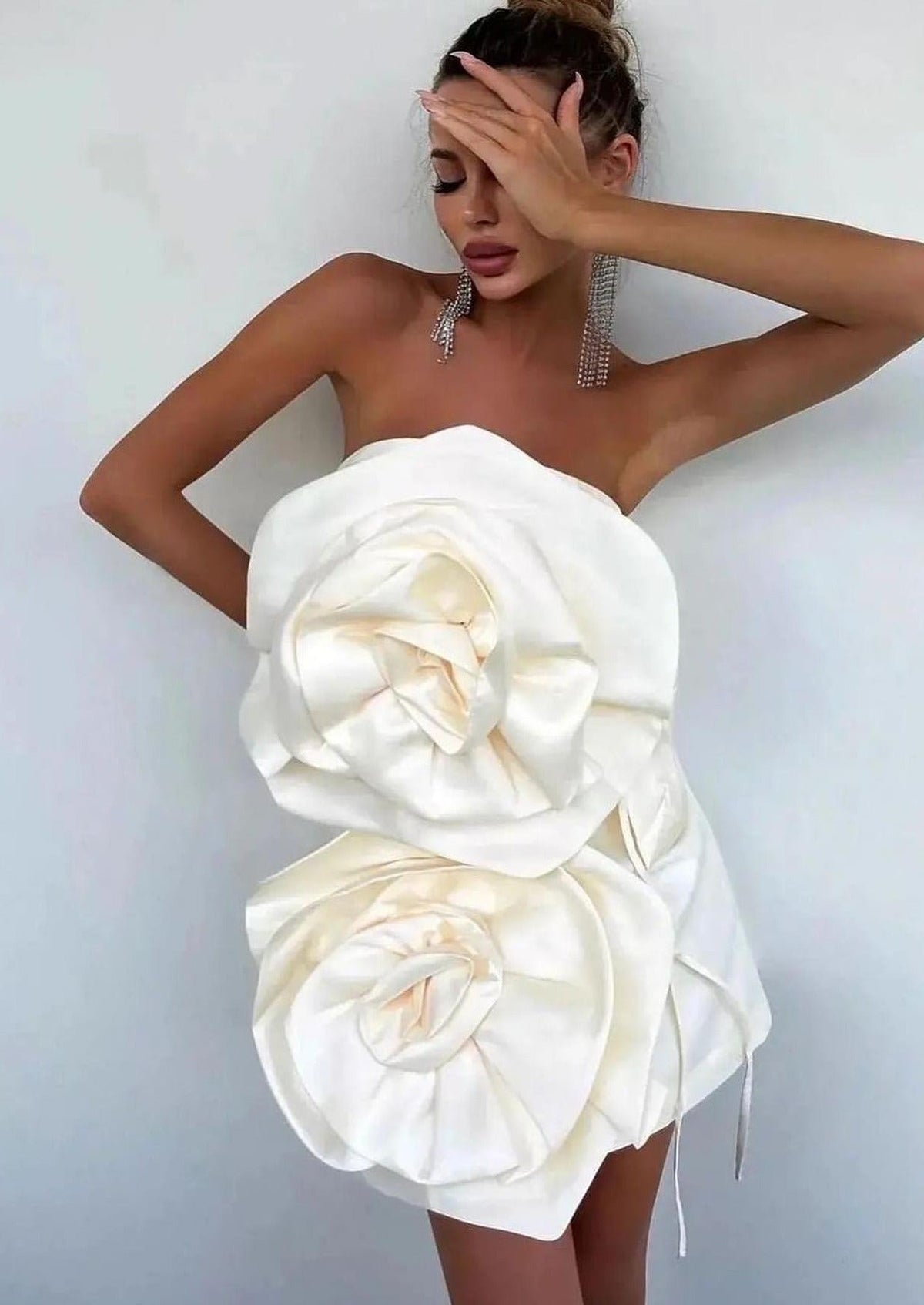 Ivory strapless satin mini dress with two oversized 3D rosettes - view 4