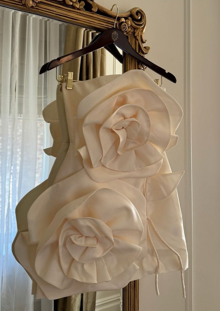 Ivory strapless satin mini dress with two oversized 3D rosettes - view 8
