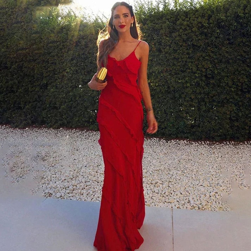 Victoria | Asymmetric Ruffle Spaghetti Strap Formal Maxi Dress