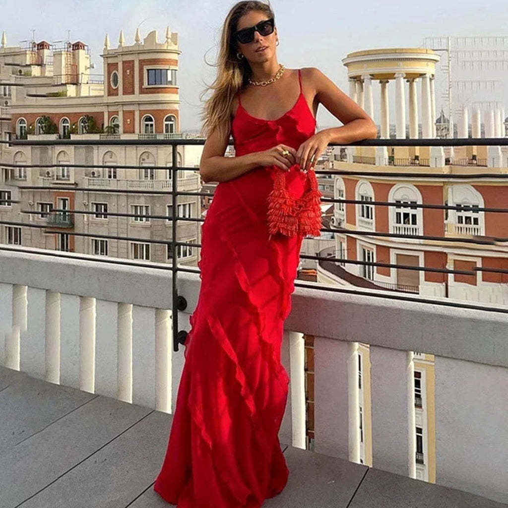 Victoria | Asymmetric Ruffle Spaghetti Strap Formal Maxi Dress