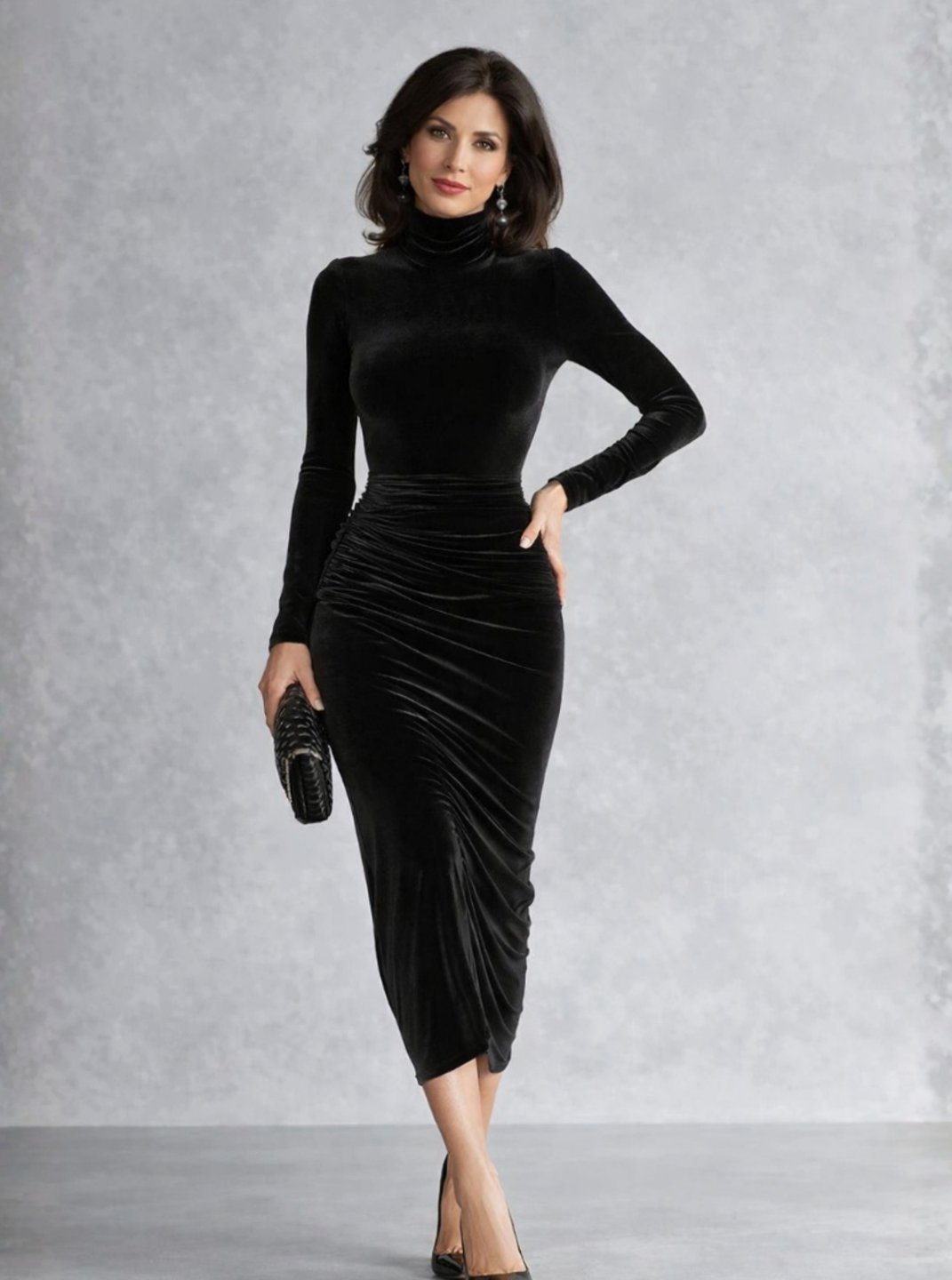 Mia | Velvet Ruched Turtleneck Long Sleeve Midi Dress