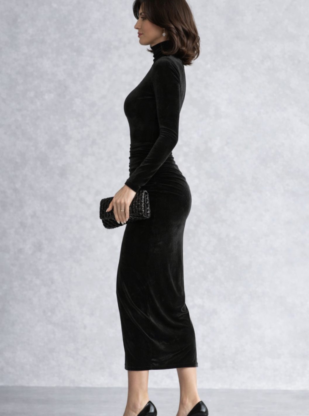 Mia | Velvet Ruched Turtleneck Long Sleeve Midi Dress