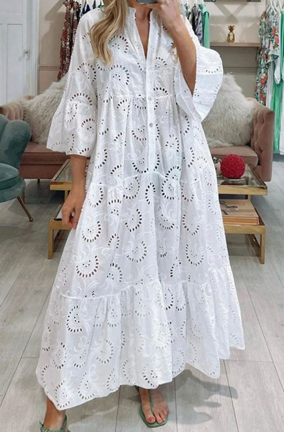 Prudence | Broderie Anglaise V Neck Tiered Maxi Dress