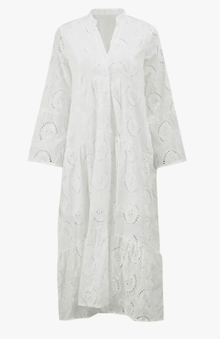 Prudence | Broderie Anglaise V Neck Tiered Maxi Dress
