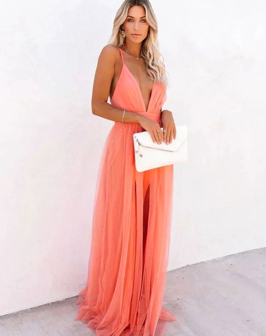 Tabitha | Deep V Neck Backless Tulle Maxi Dress