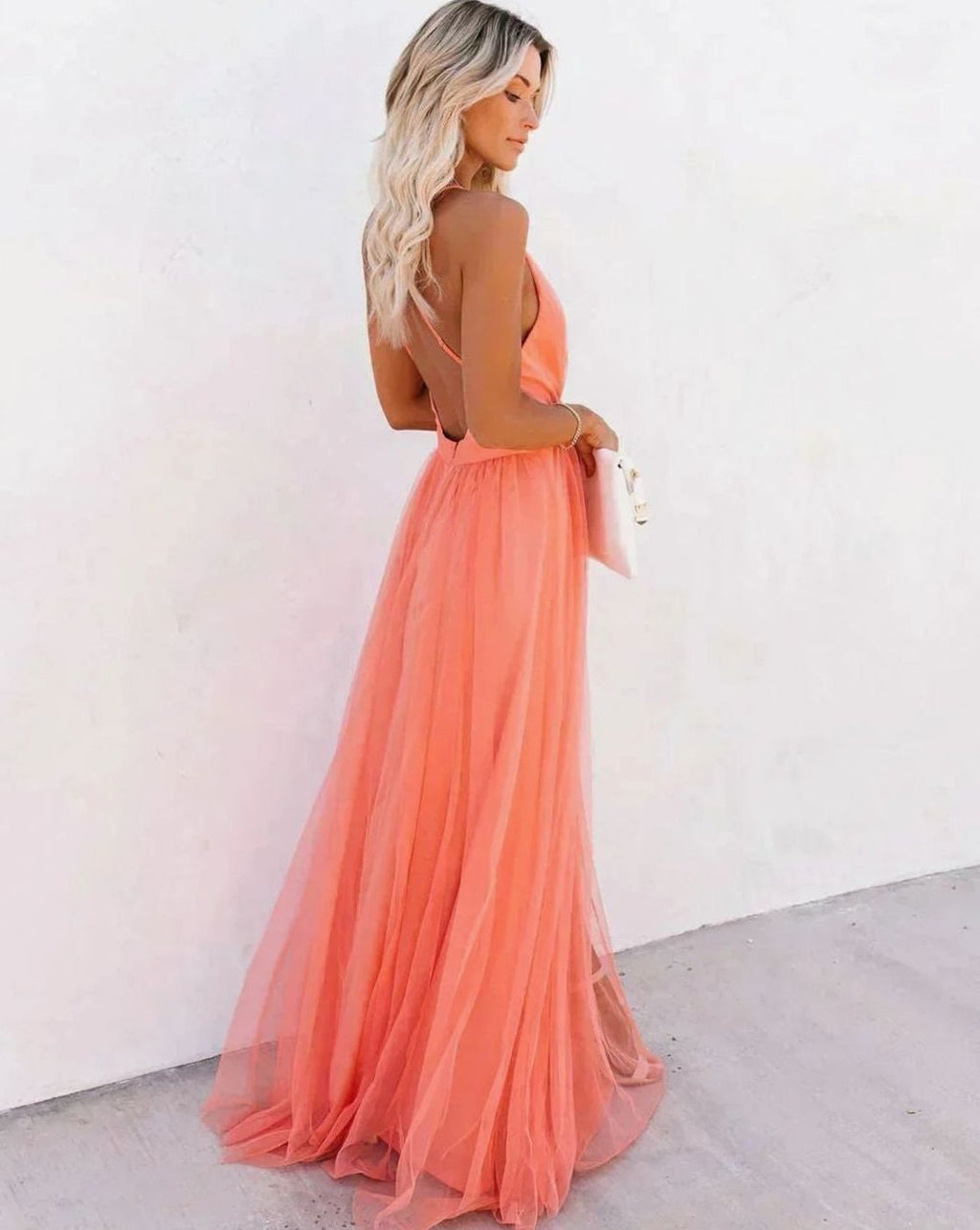 Tabitha | Deep V Neck Backless Tulle Maxi Dress