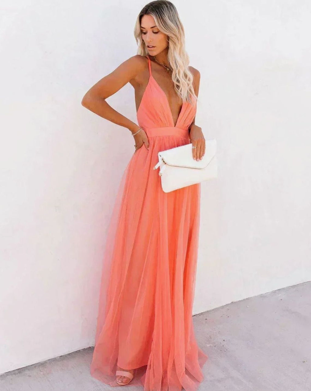 Tabitha | Deep V Neck Backless Tulle Maxi Dress