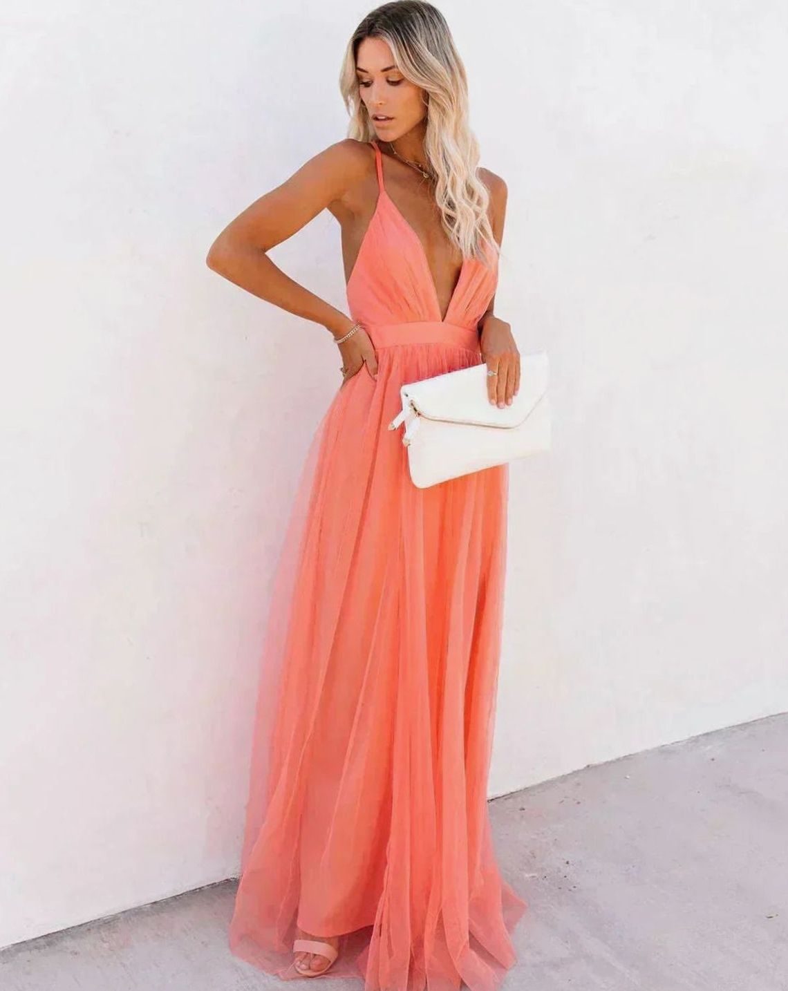Tabitha | Deep V Neck Backless Tulle Maxi Dress