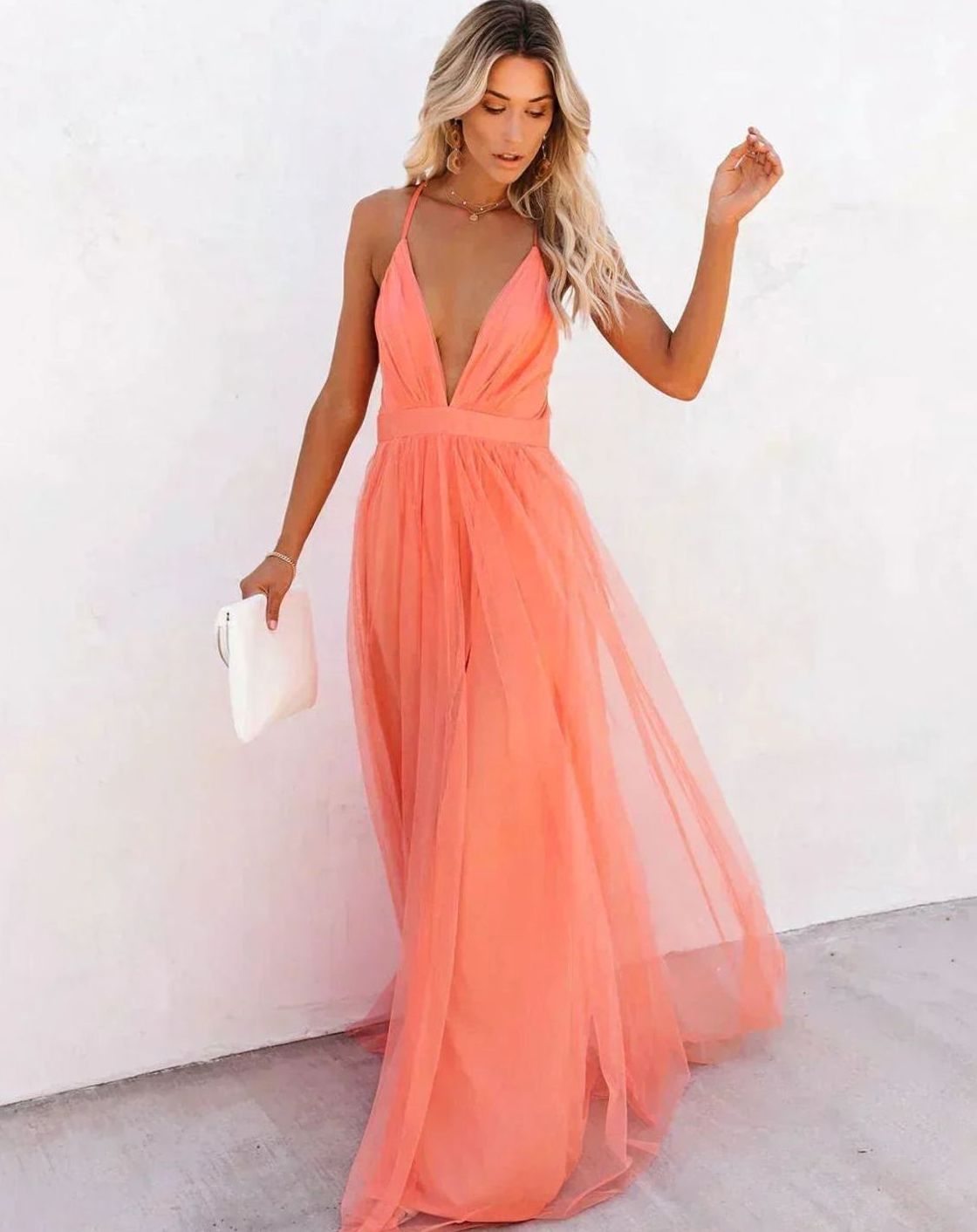Tabitha | Deep V Neck Backless Tulle Maxi Dress