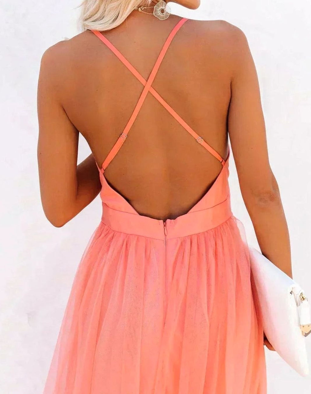 Tabitha | Deep V Neck Backless Tulle Maxi Dress
