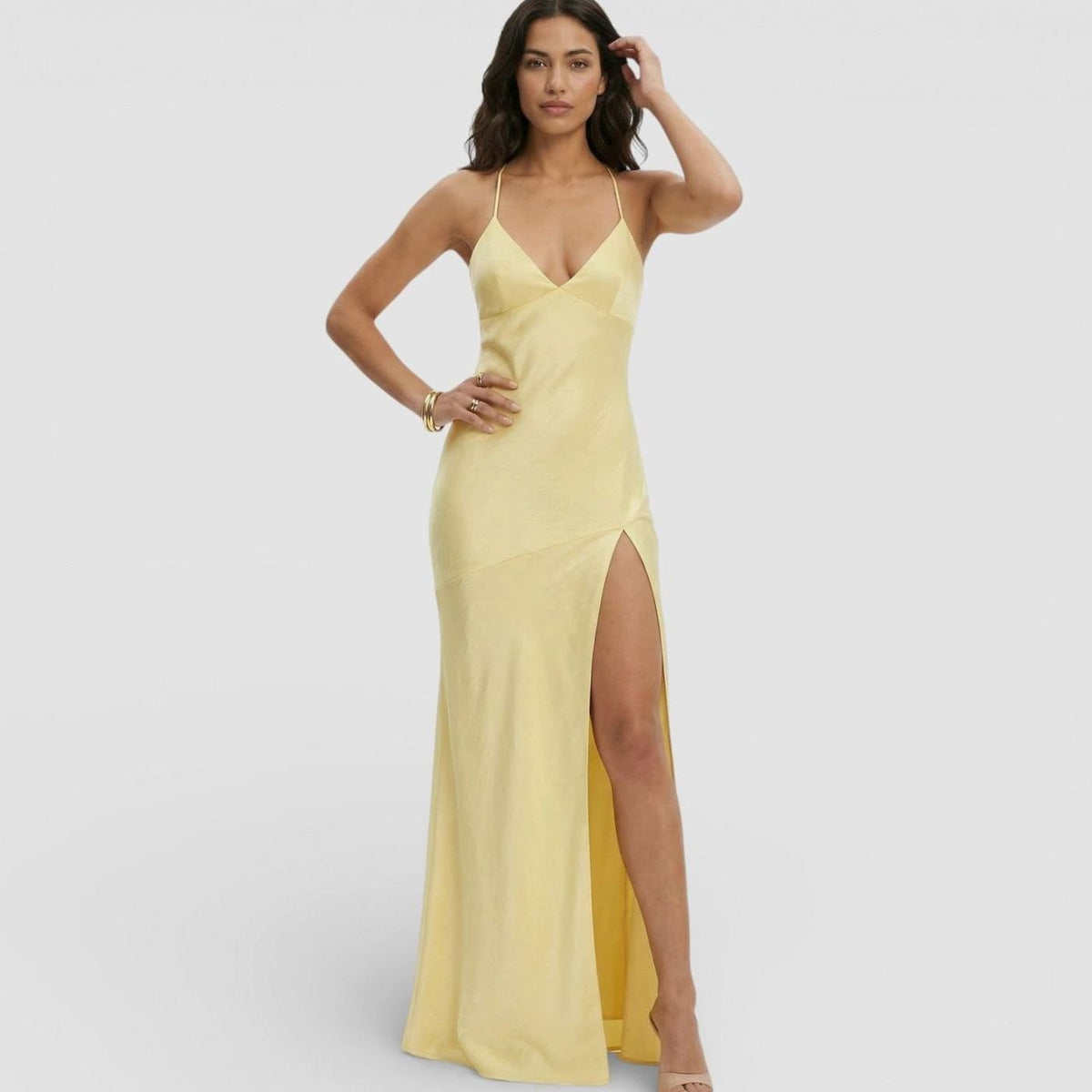 Lucinda | Satin V Neck Thin Strap High Slit Formal Maxi Dress