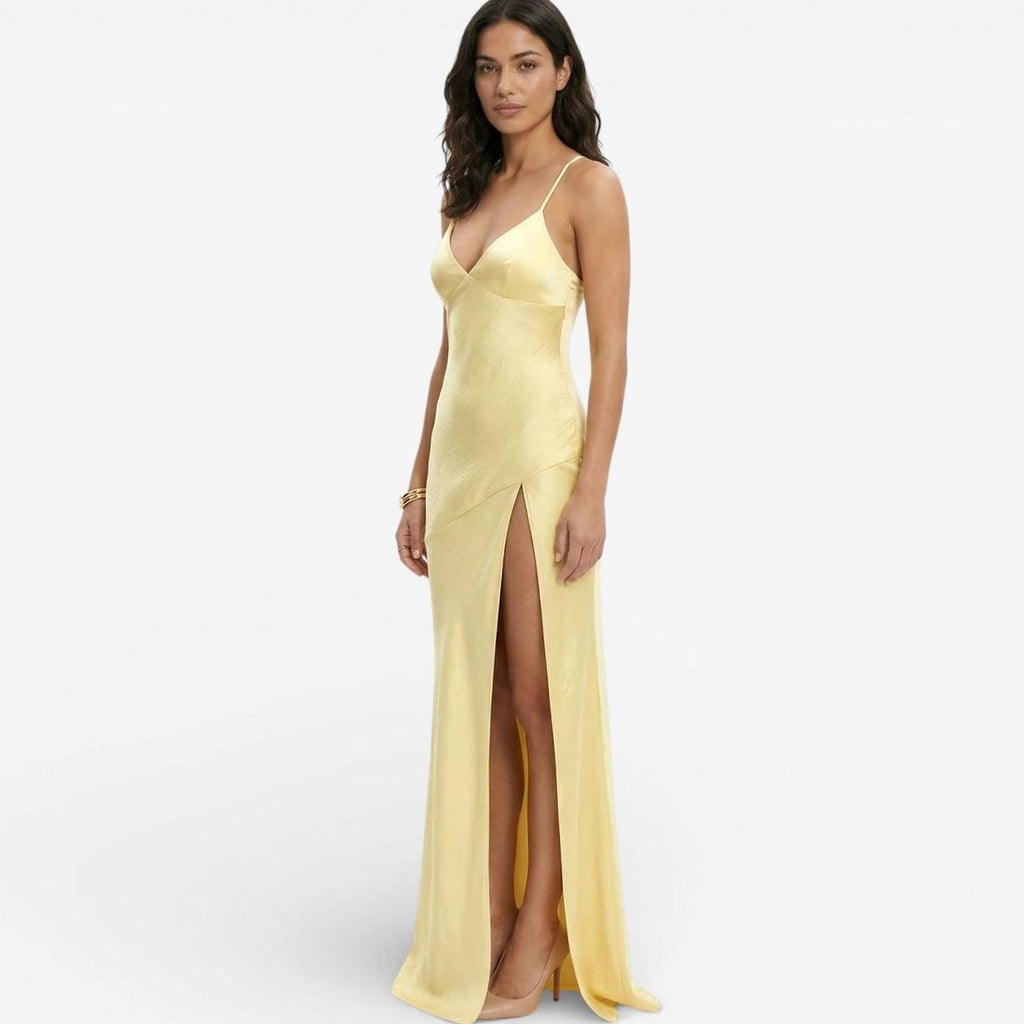 Lucinda | Satin V Neck Thin Strap High Slit Formal Maxi Dress