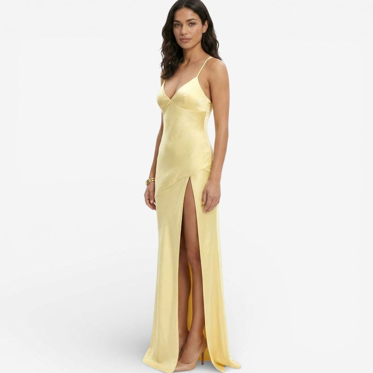 Lucinda | Satin V Neck Thin Strap High Slit Formal Maxi Dress