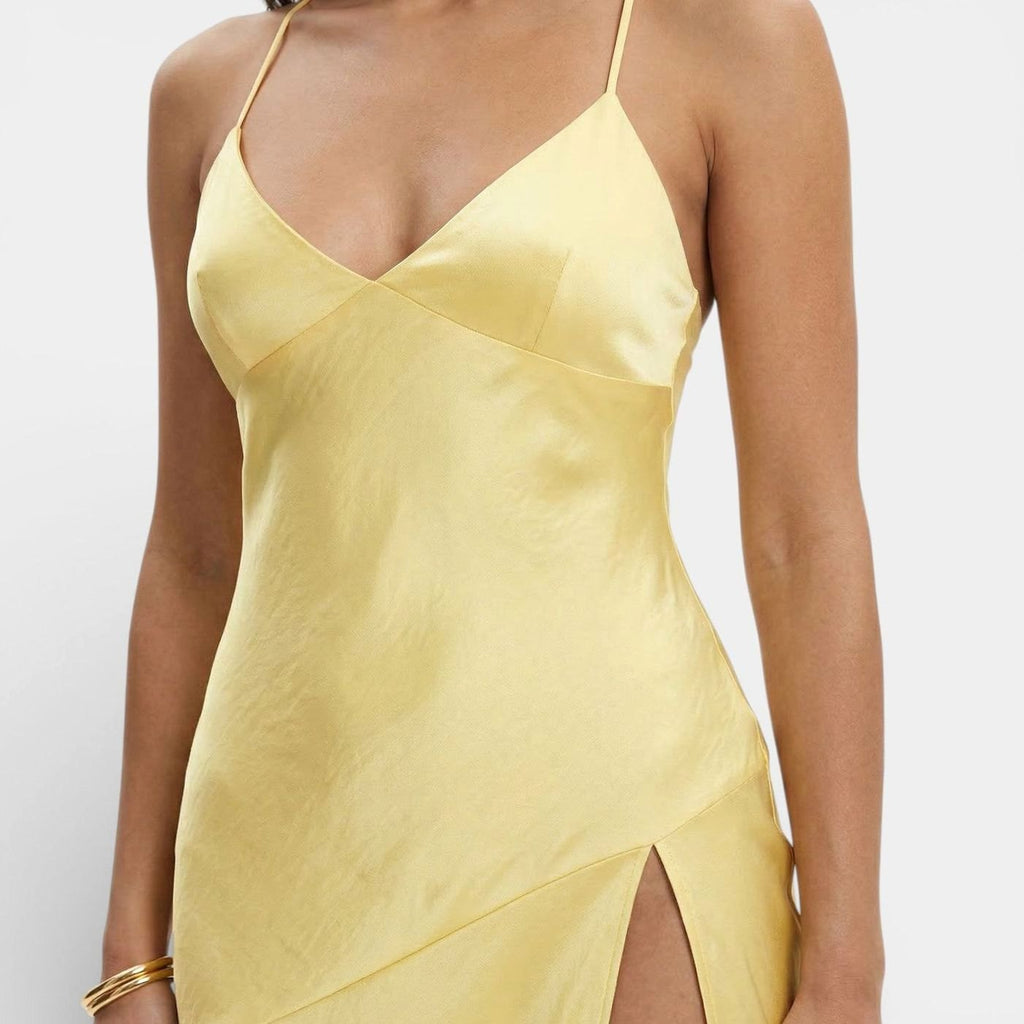 Lucinda | Satin V Neck Thin Strap High Slit Formal Maxi Dress