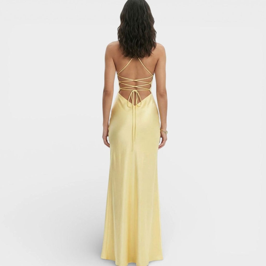 Lucinda | Satin V Neck Thin Strap High Slit Formal Maxi Dress