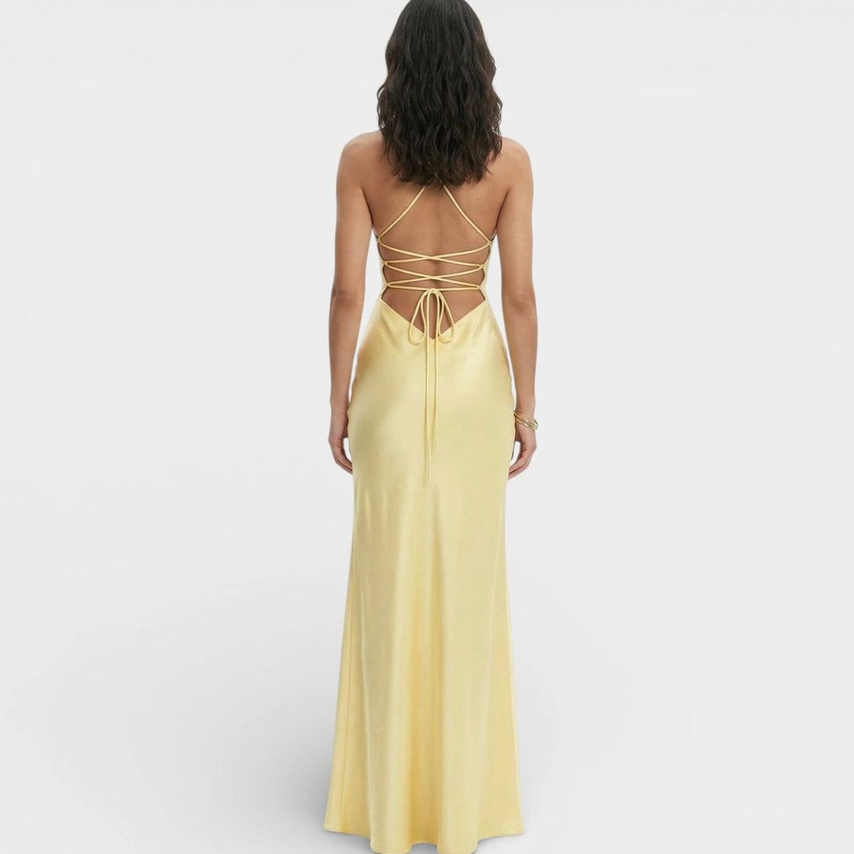 Lucinda | Satin V Neck Thin Strap High Slit Formal Maxi Dress