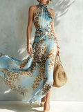 Layla | Leopard Print Halter Neck Open Back Maxi Dress