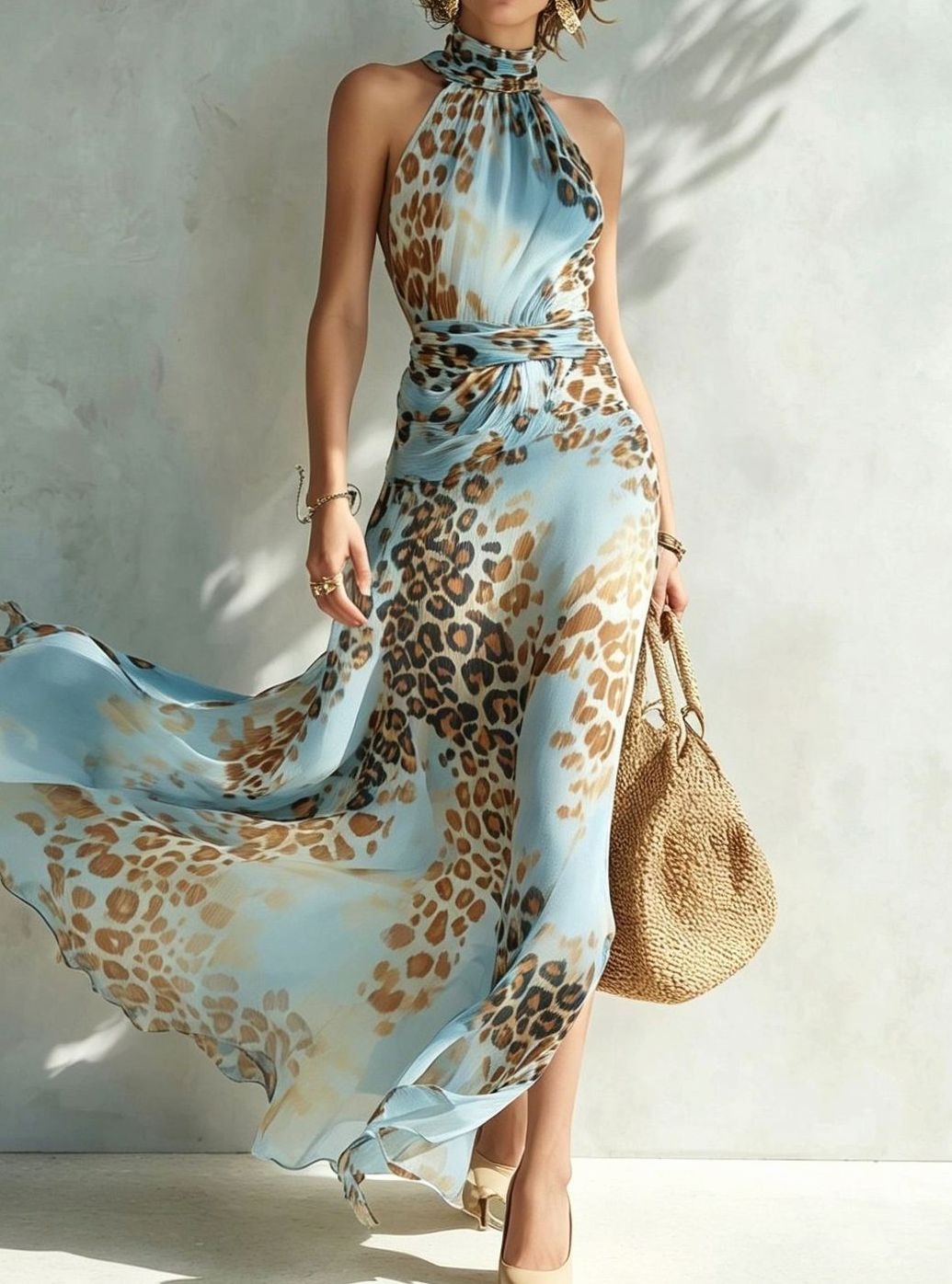 Layla | Leopard Print Halter Neck Open Back Maxi Dress