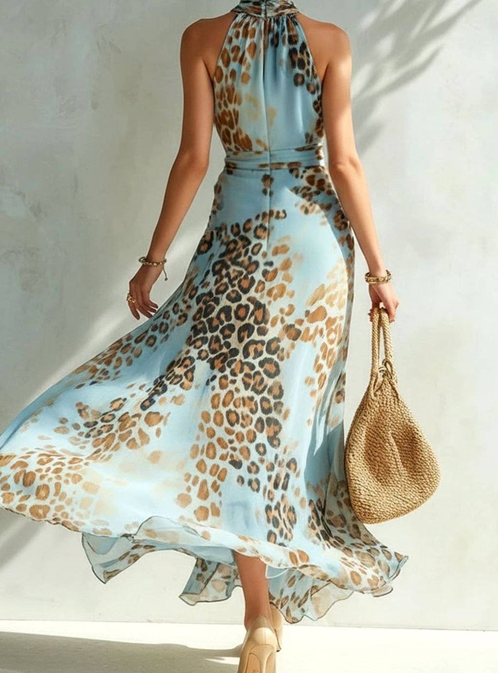 Layla | Leopard Print Halter Neck Open Back Maxi Dress