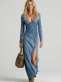 Charlotte | Long Sleeve Button Front Denim Maxi Dress