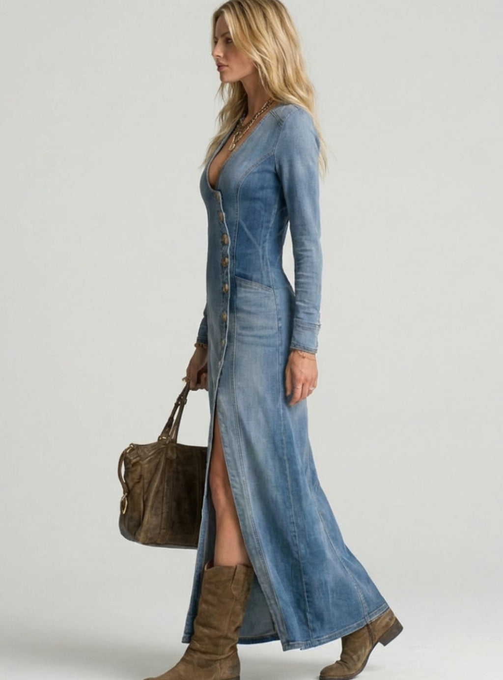 Charlotte | Long Sleeve Button Front Denim Maxi Dress