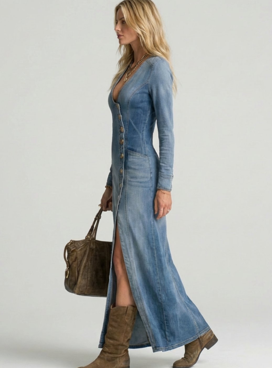 Charlotte | Long Sleeve Button Front Denim Maxi Dress