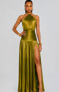 Vera | Halter Neck Pleated High Slit Backless Maxi Gown
