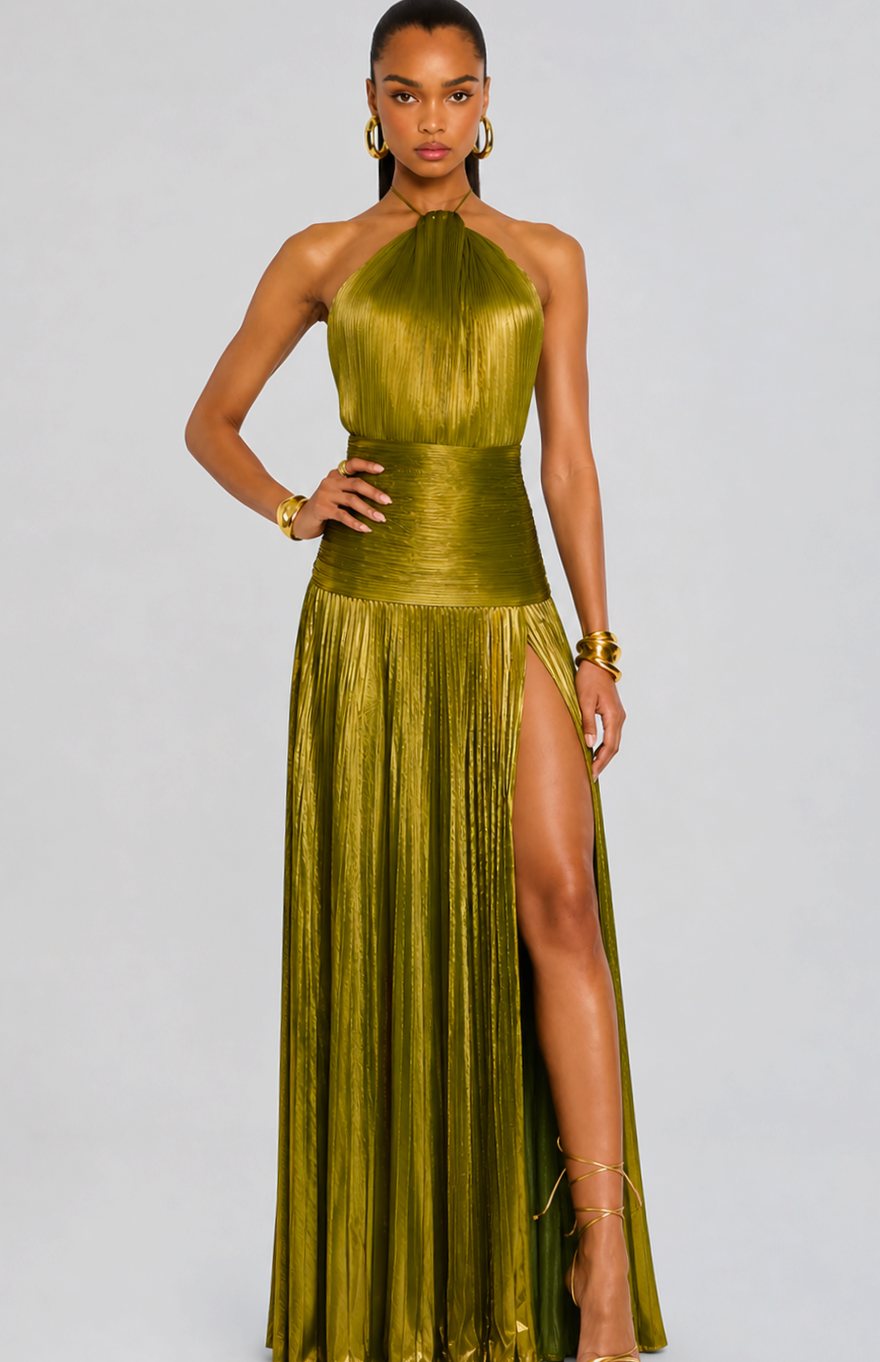 Vera | Halter Neck Pleated High Slit Backless Maxi Gown