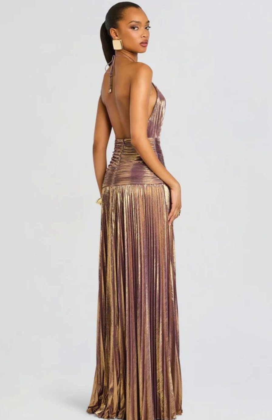 Vera | Halter Neck Pleated High Slit Backless Maxi Gown