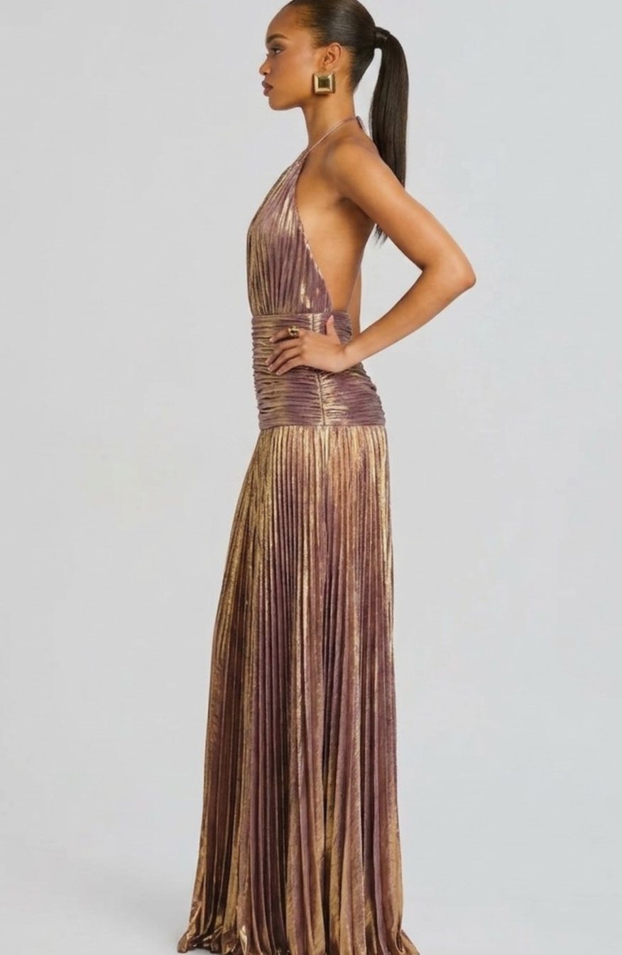 Vera | Halter Neck Pleated High Slit Backless Maxi Gown