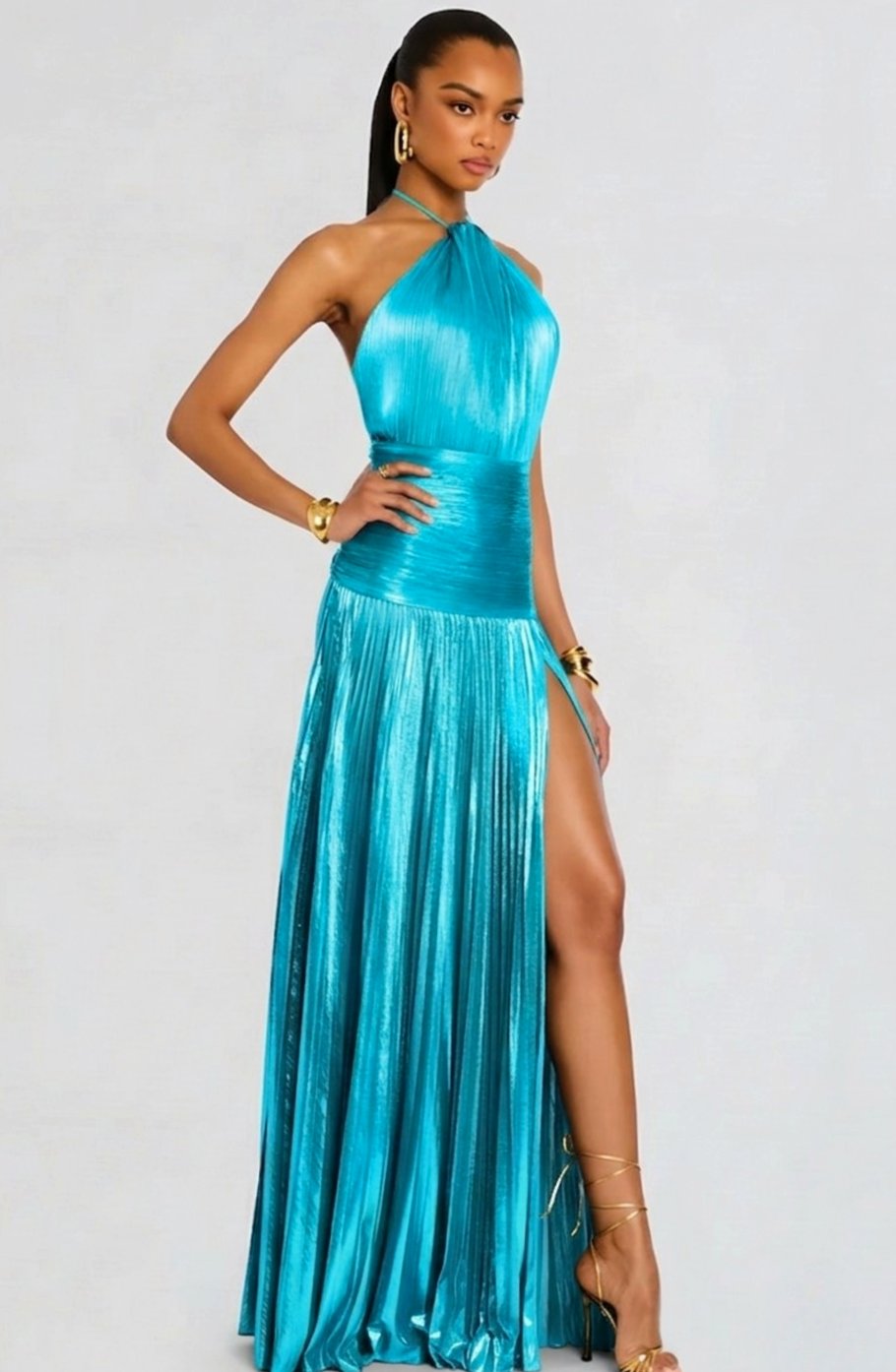Vera | Halter Neck Pleated High Slit Backless Maxi Gown
