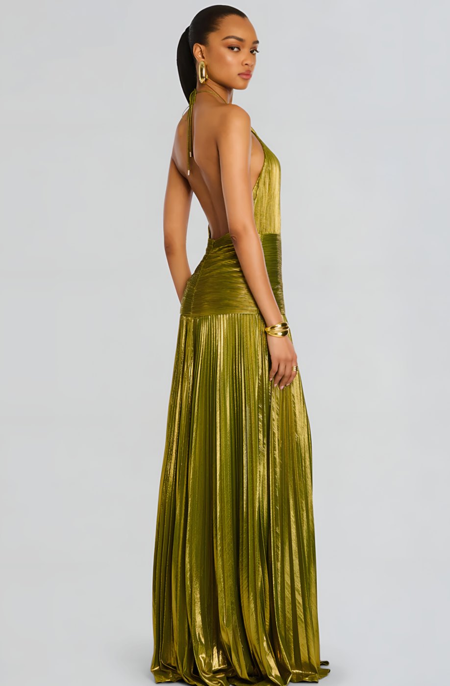 Vera | Halter Neck Pleated High Slit Backless Maxi Gown