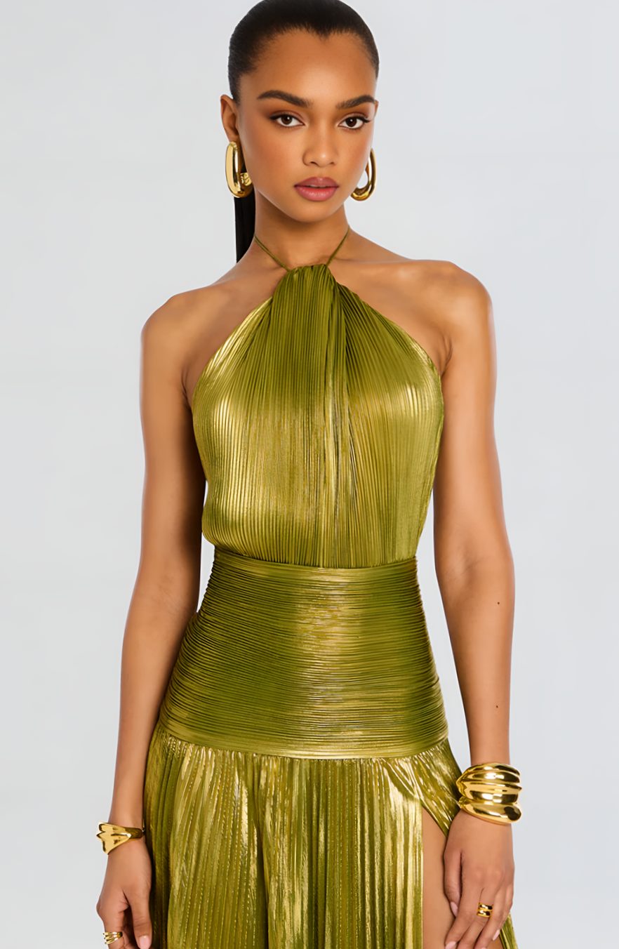Vera | Halter Neck Pleated High Slit Backless Maxi Gown